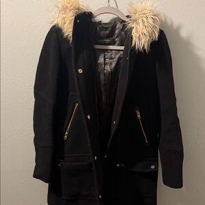J. Crew Black heavy stadium cloth by nello gori Jacket with Faux fur hood
